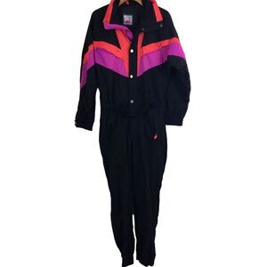Vintage Black Bear Ski Button Up Long Sleeve Jumpsuit 80s 90s Black Multi Small